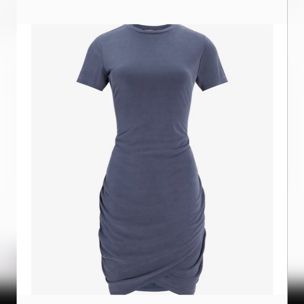 NWT Express Blue Short Sleeve Silky Sueded Jersey Ruched Faux Wrap T Shirt Dress